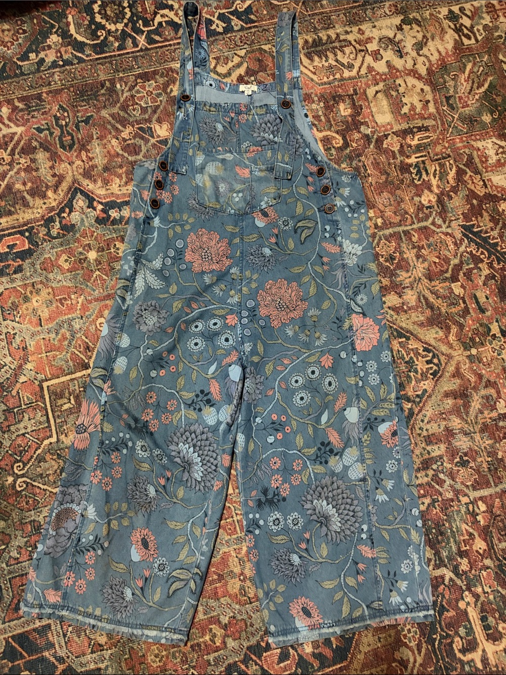 easel Floral Print Denim Romper Overalls in Blue